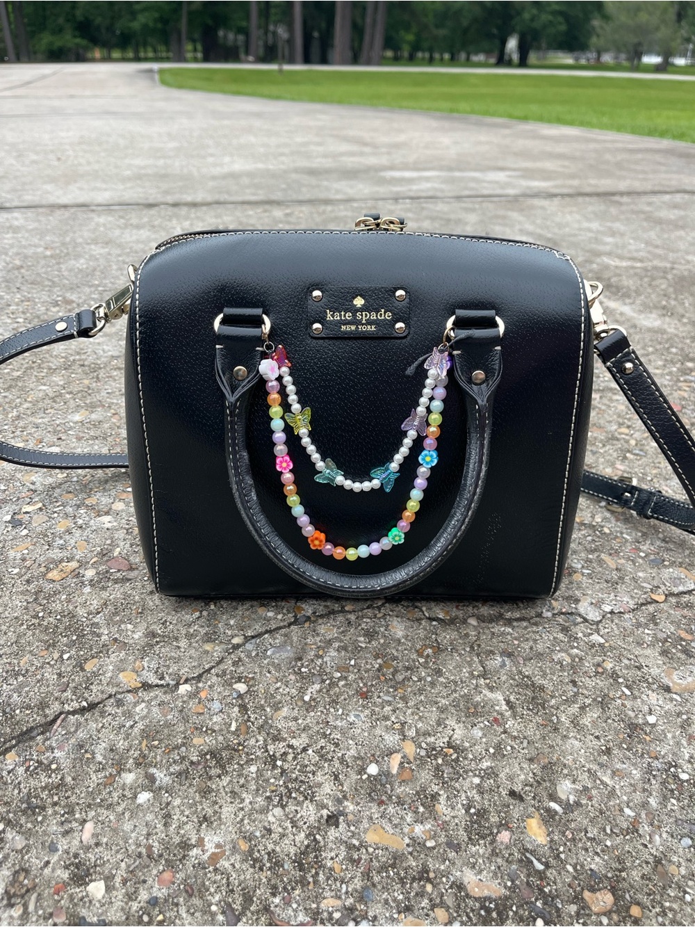 kate spade Black Leather Satchel with Multicolor Beaded Charm